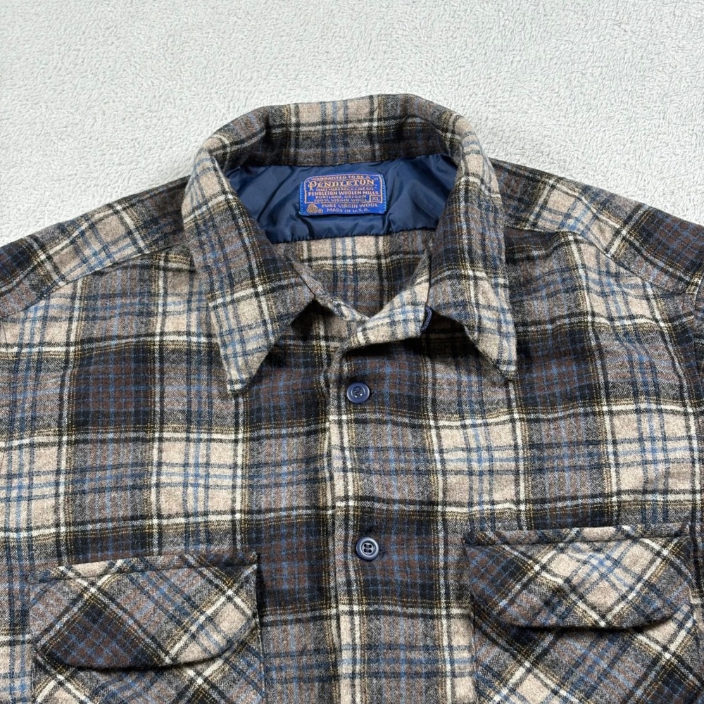 Vintage 70s Pendleton Board Shirt Mens XL Loop Collar Blue Brown Plaid Wool USA